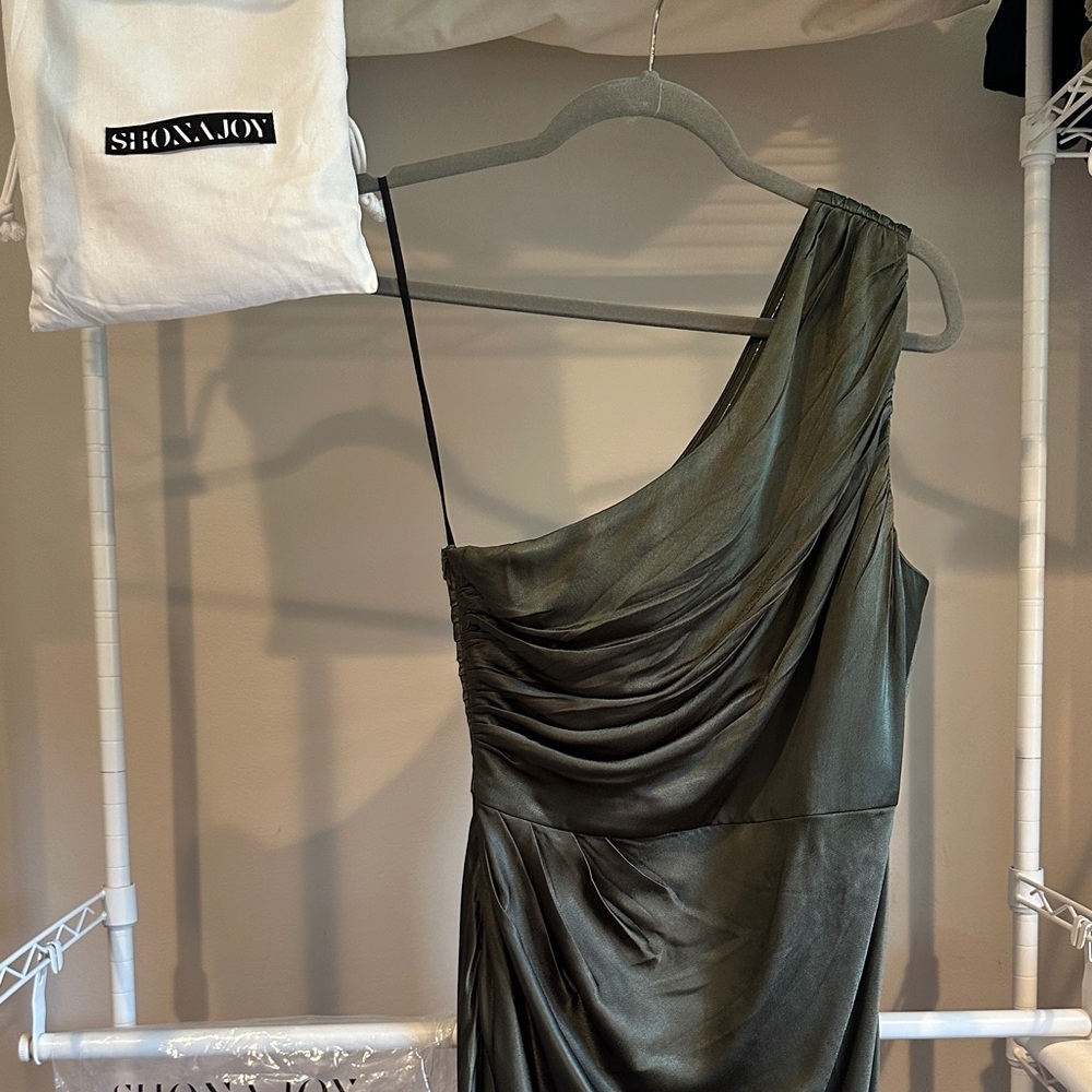 Shona Joy Olive One-Shoulder Satin Dress NWT
